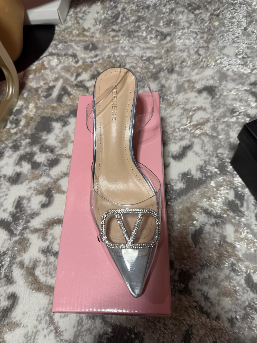 V-Strap Clear Pointed Toe Pump in Silver